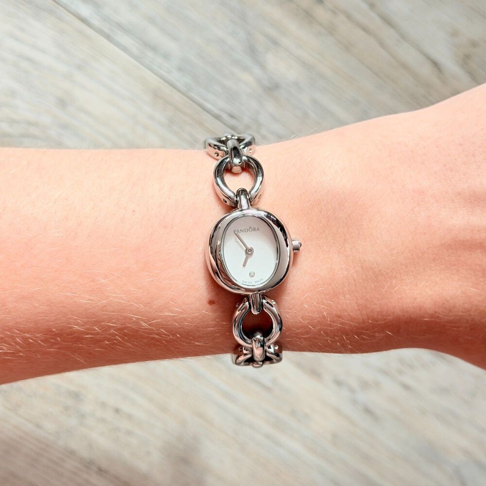 Pandora Silver Circles Stainless Steel Watch 811024WH .005ct Diamond Swiss Made